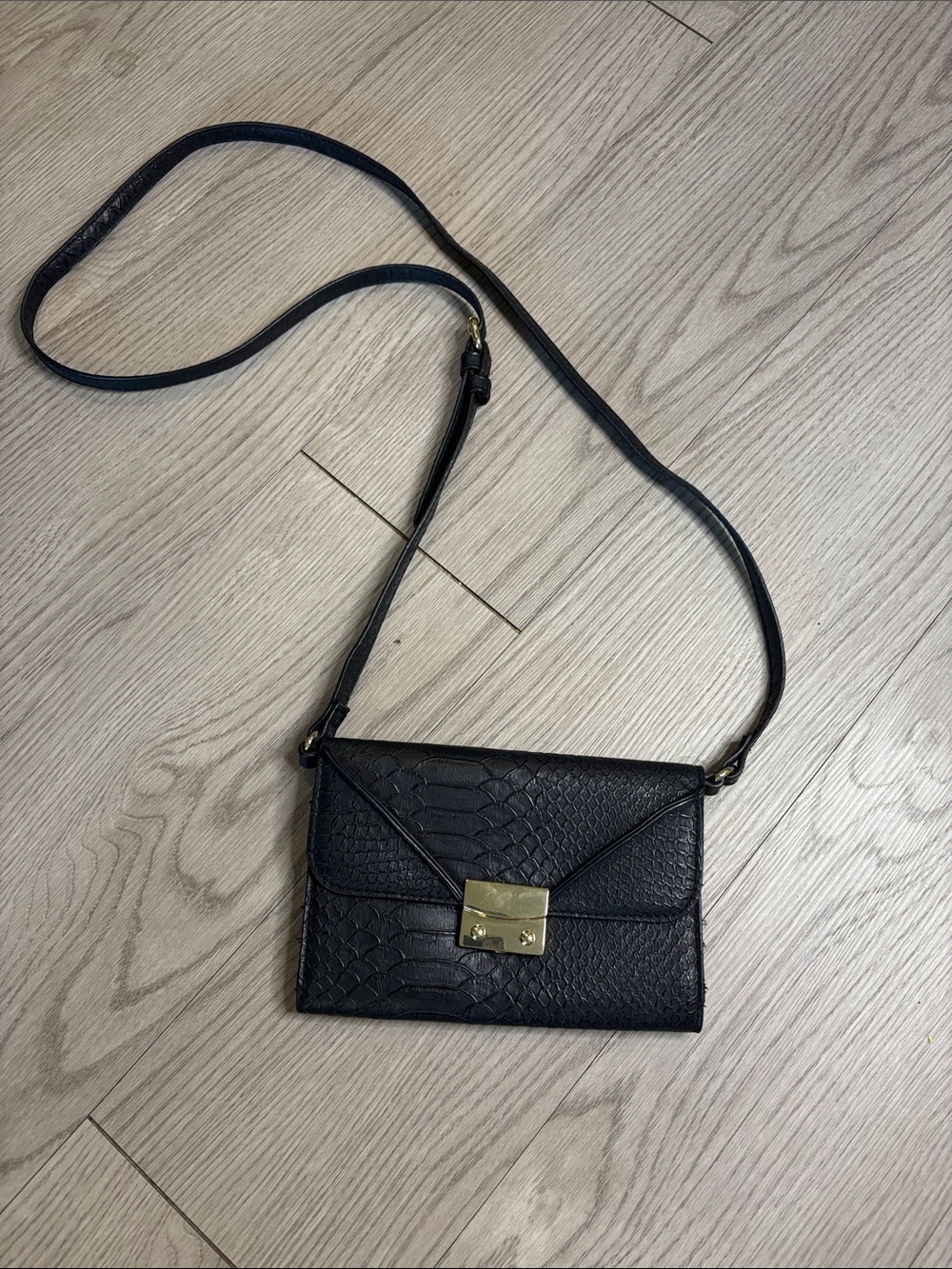 Black Faux-Snake Leather Crossbody Bag with Gold Hardware